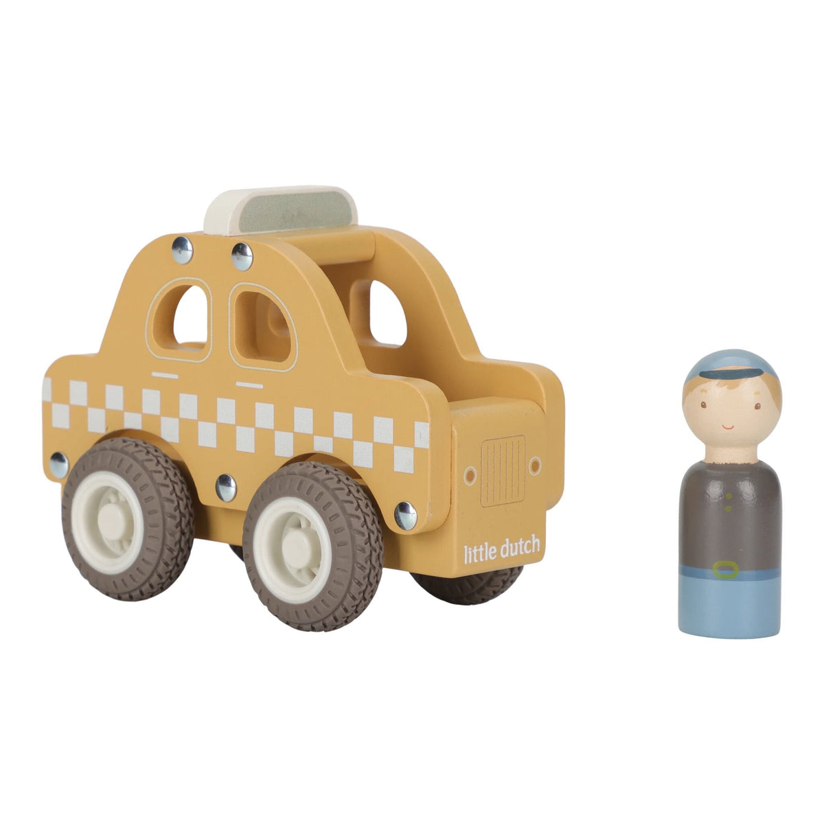Little Dutch yellow wooden taxi with wooden peg-doll driver