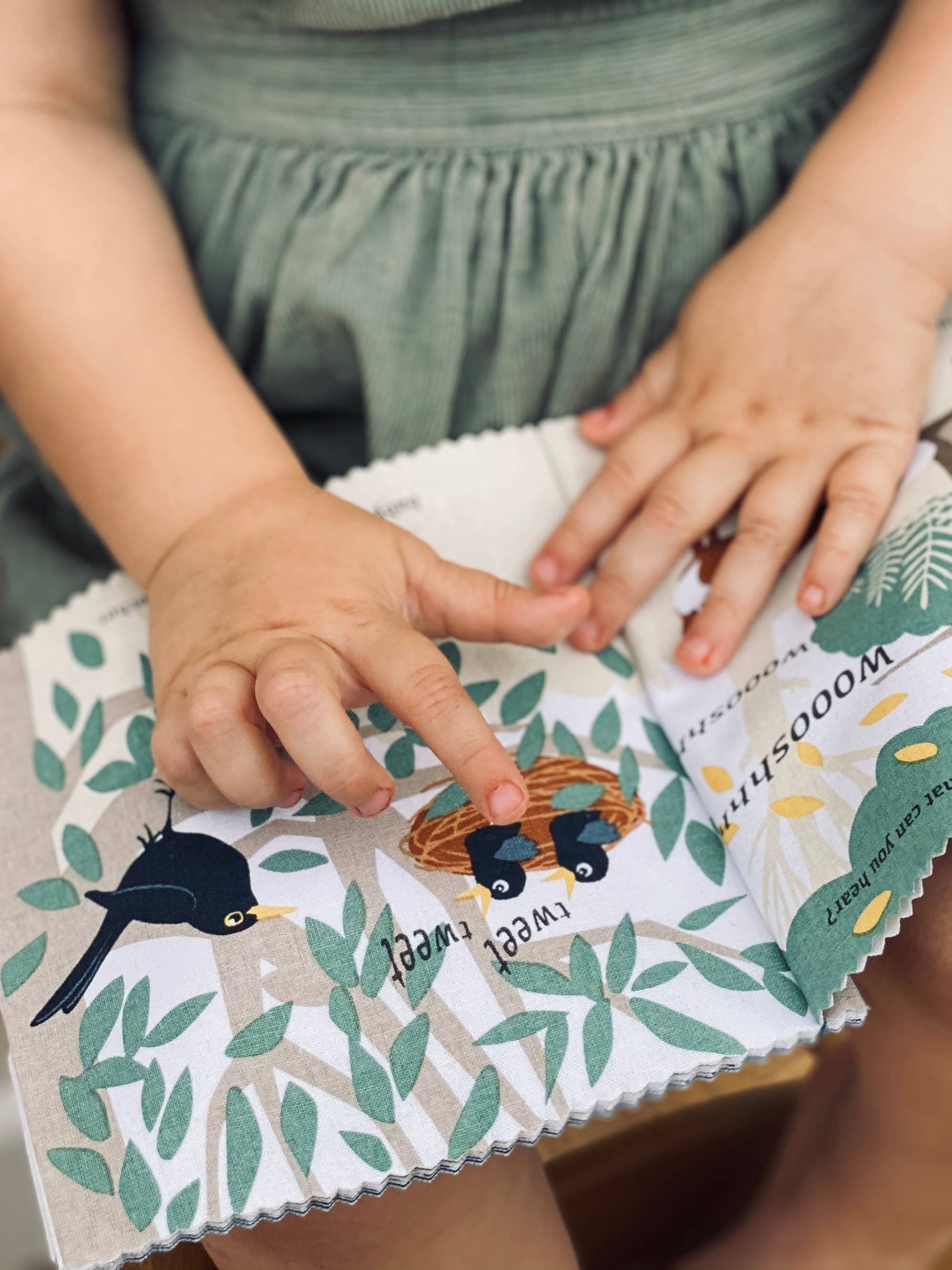 ThreadBear Woodland Hush rag book, soft cloth book for babies