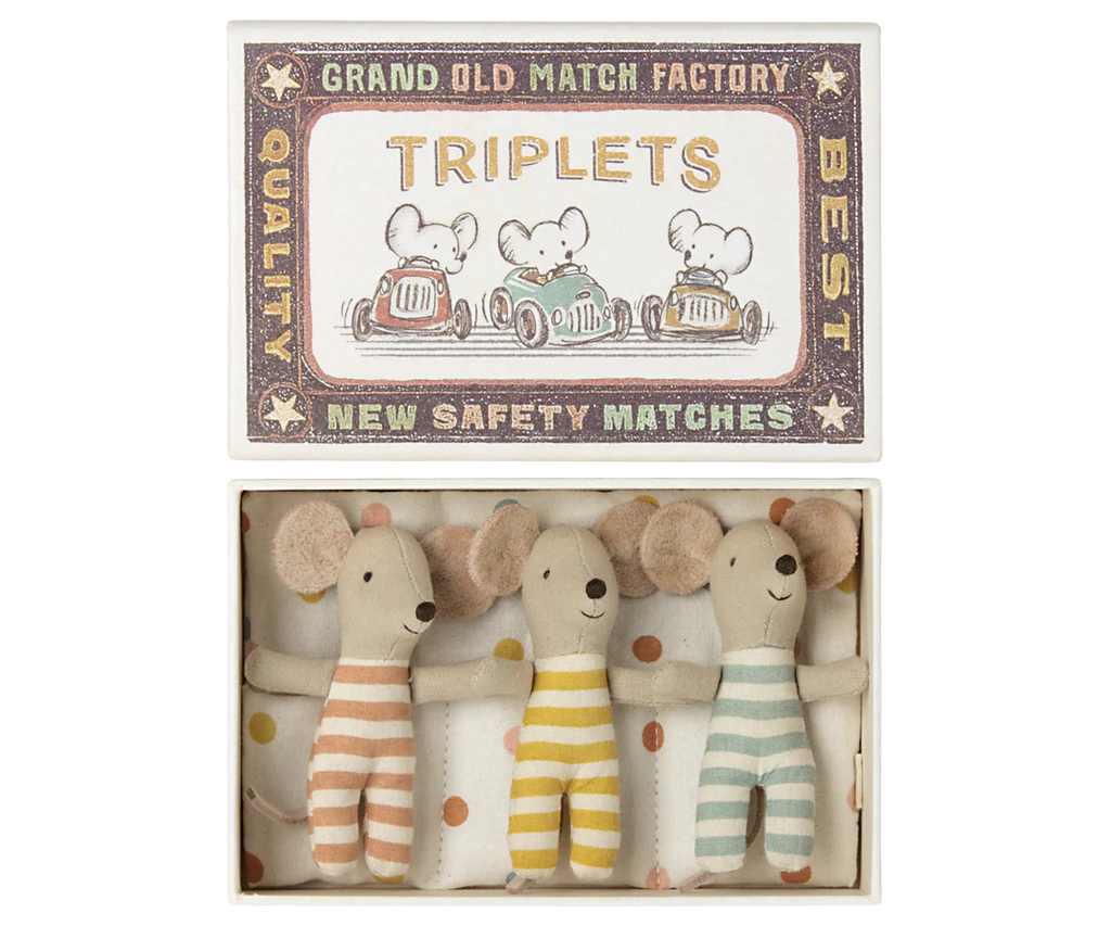 Maileg triplets baby mice in matchbox, stripe, miniature toy for children