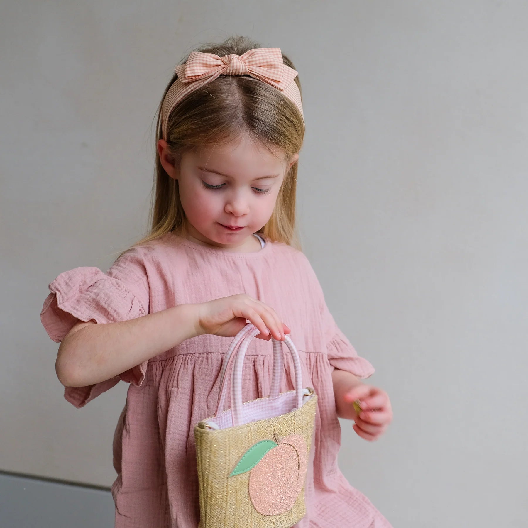 Peach gingham Edie bow Alice headband for kids, Mimi and Lula