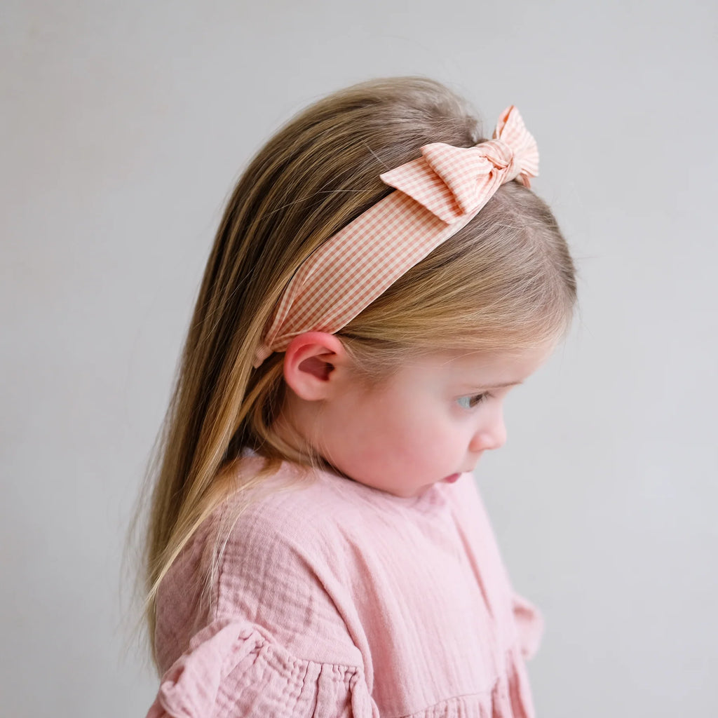 Peach gingham Edie bow Alice headband for kids, Mimi and Lula