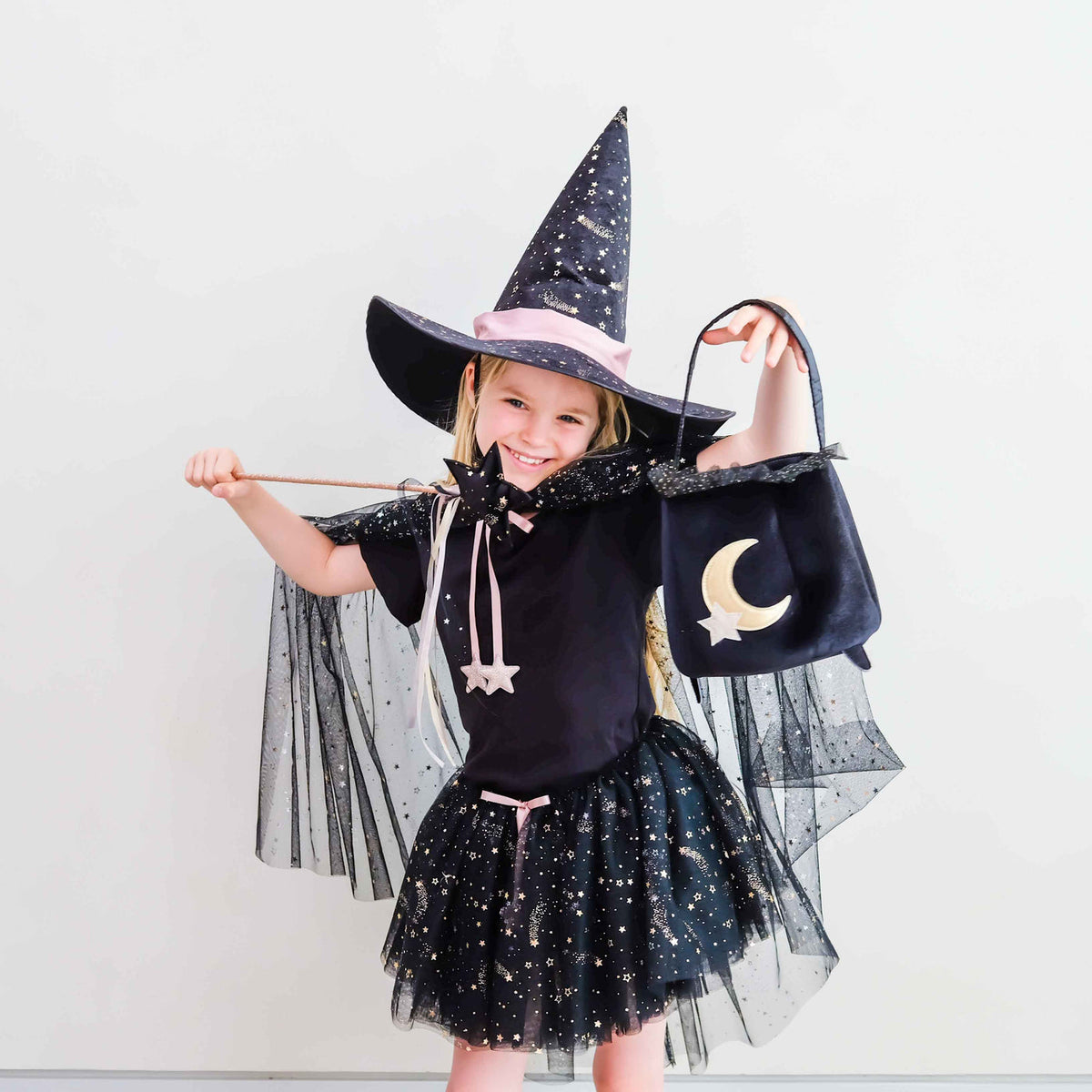 Mimi & Lula Ethel black star tulle witch cape for kids' Halloween costume – image 2