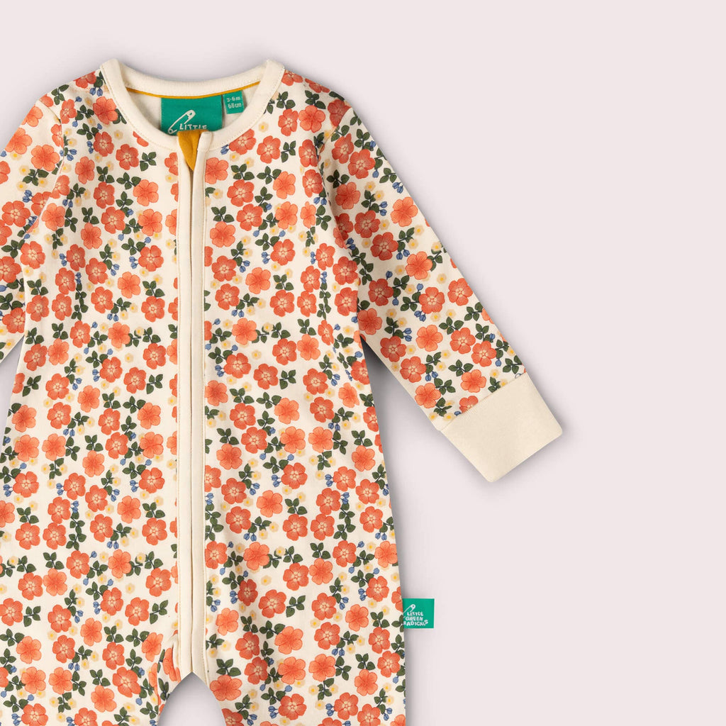 Little Green Radicals Petals zip organic babygrow, baby sleepsuit