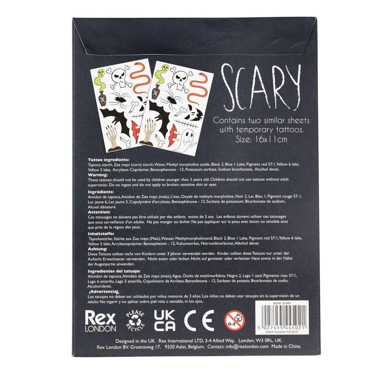 Scary kids' temporary tattoos, children's Halloween tattoos, Rex London