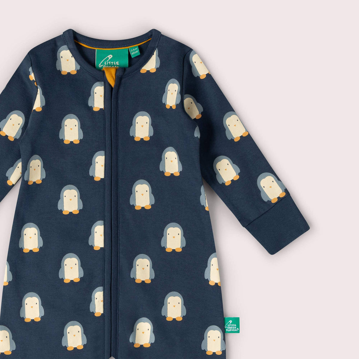 Little Green Radicals blue penguins zip organic babygrow, baby sleepsuit