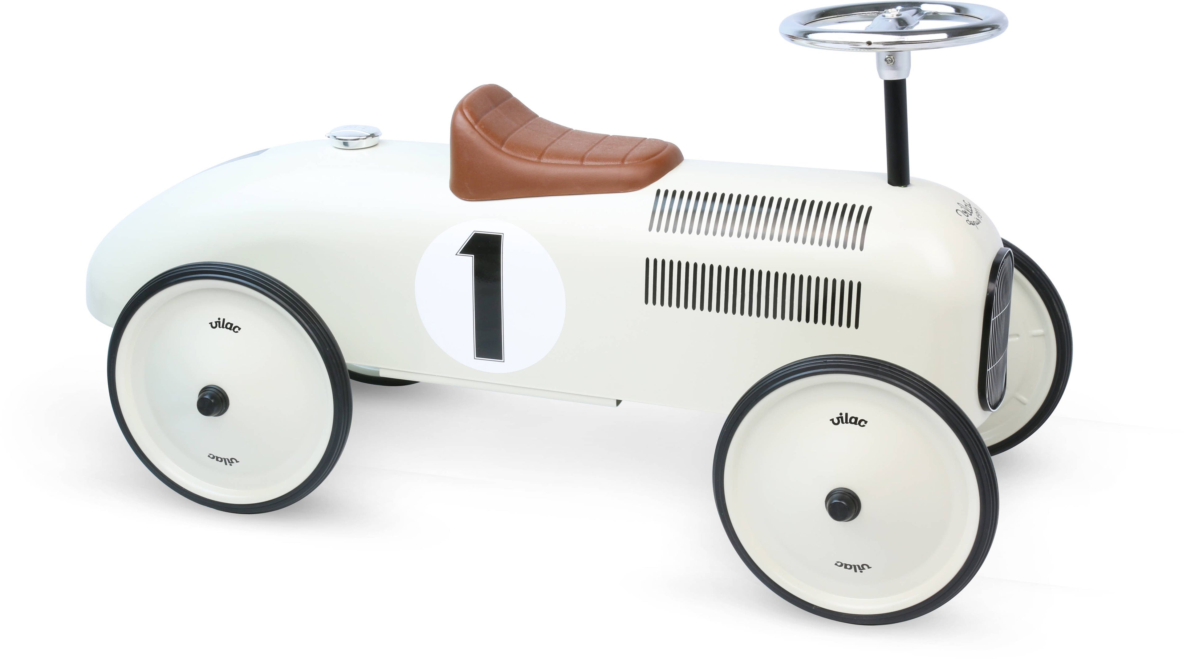 Vilac off white metal ride-on car, vintage-style kids' ride-on toy, Hippychick
