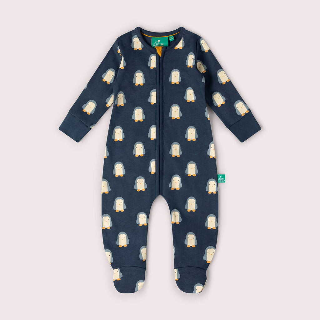 Little Green Radicals blue penguins zip organic babygrow, baby sleepsuit