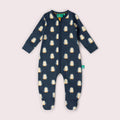 Little Green Radicals blue penguins zip organic babygrow, baby sleepsuit
