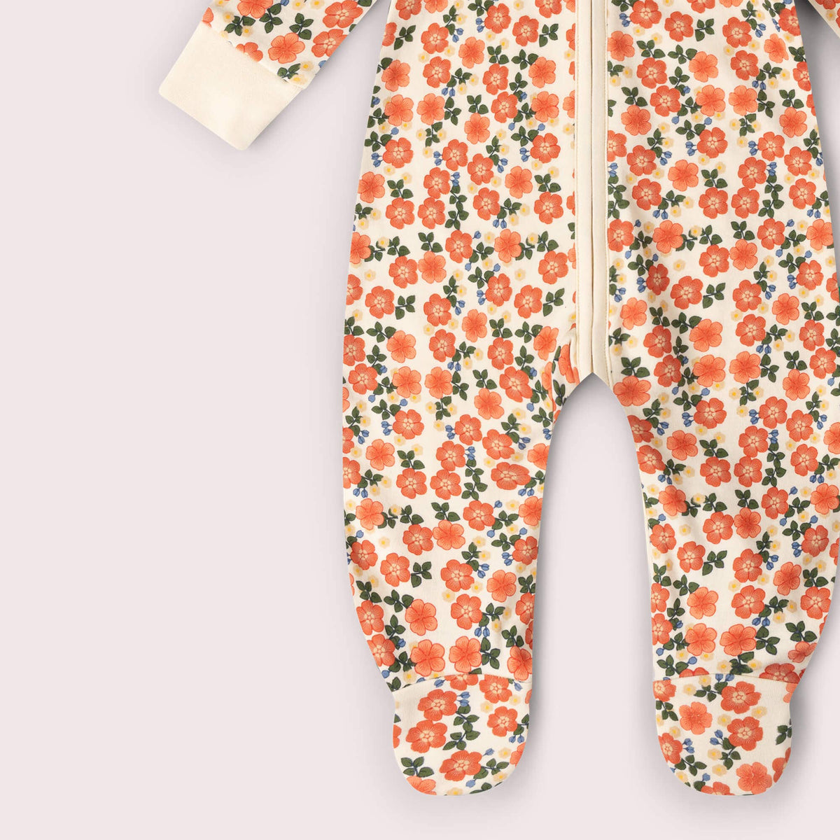 Little Green Radicals Petals zip organic babygrow, baby sleepsuit