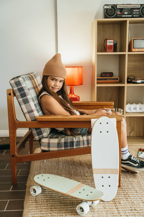 Banwood white kids' skateboard, wooden cruiser deck for children