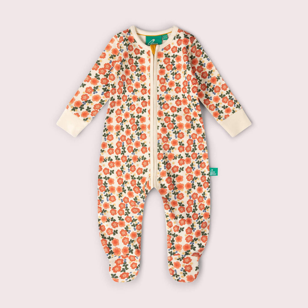 Little Green Radicals Petals zip organic babygrow, baby sleepsuit