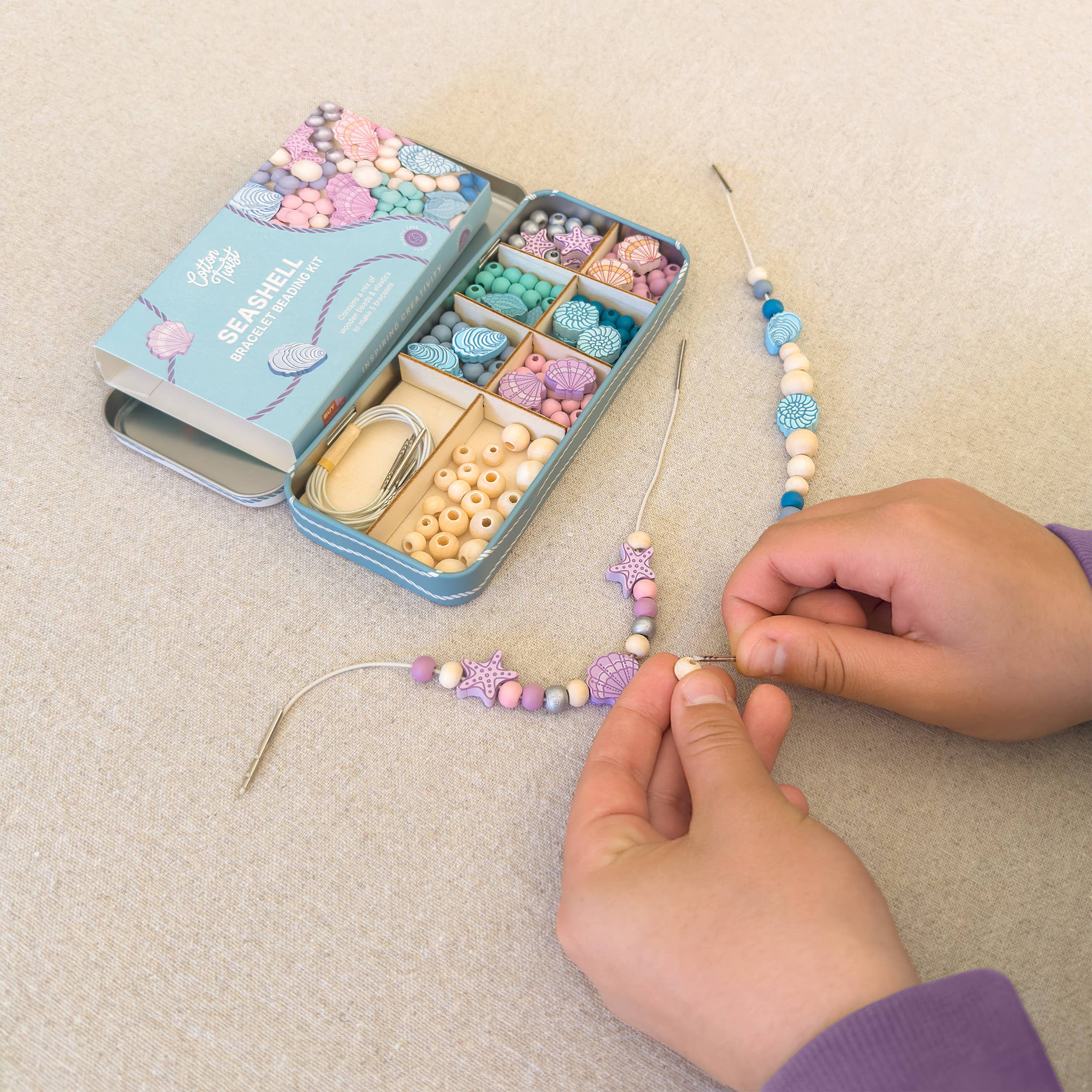 Seashell bracelet bead kit for children, make your own jewellery, Cotton Twist