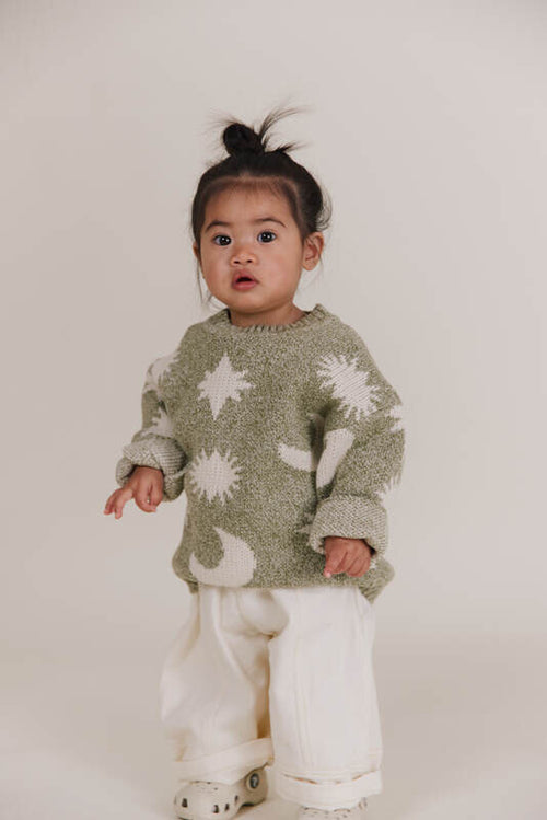 Kids' Cozmo matcha moon and star jumper, children's knit, Claude & Co