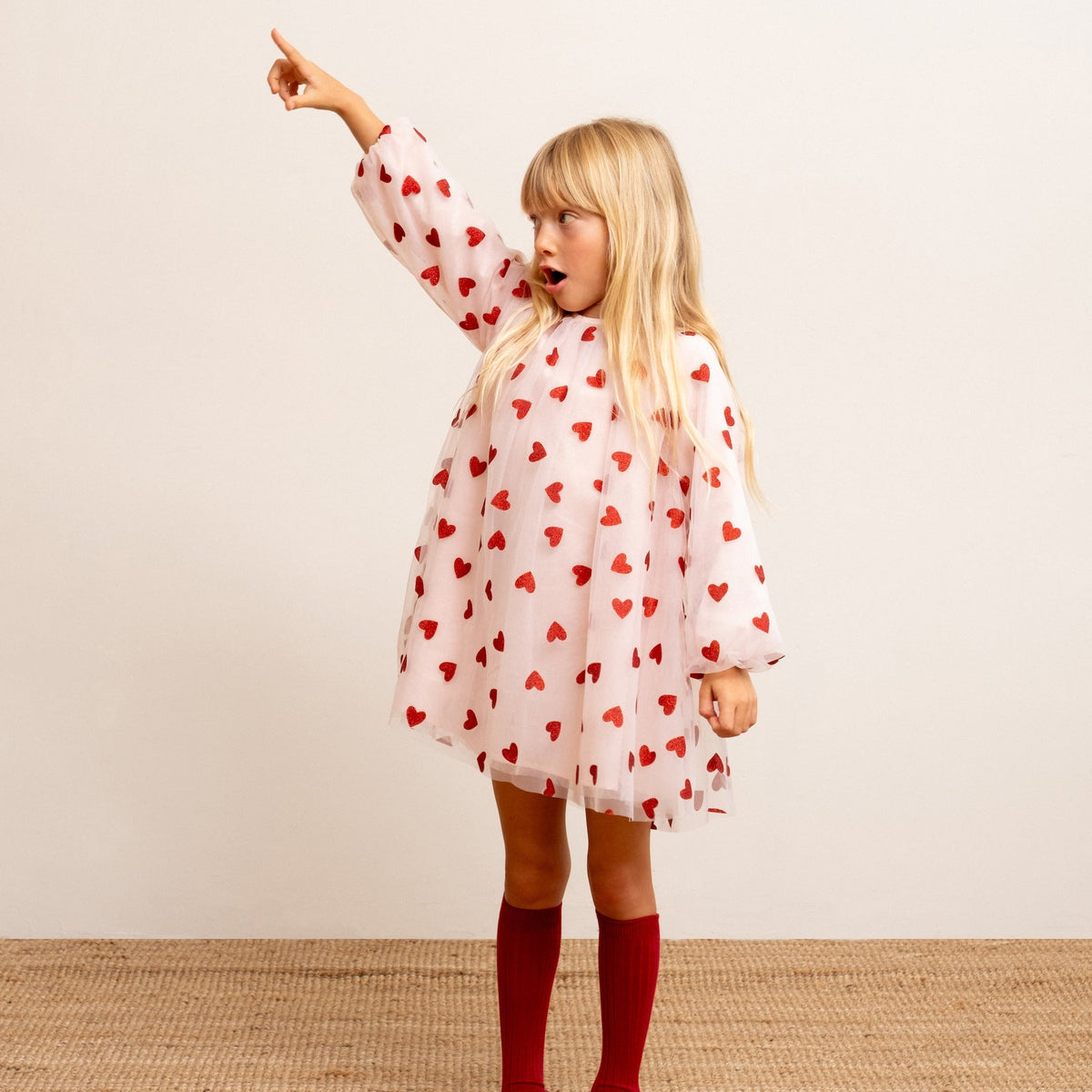 Pale pink red glitter heart balloon sleeve dress lifestyle