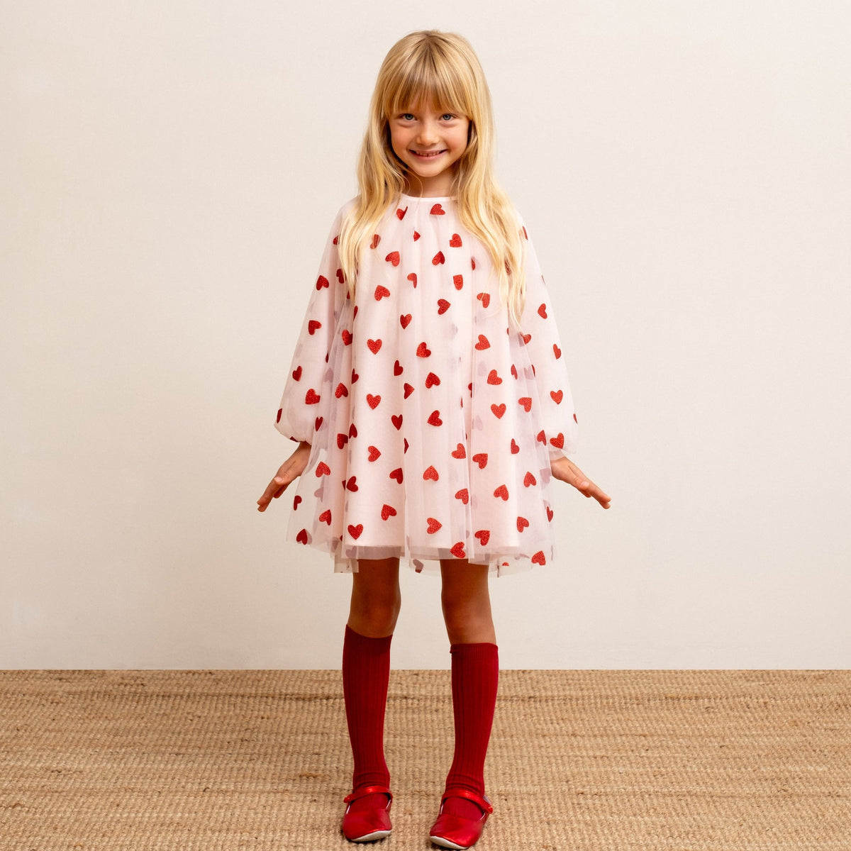 Pale pink red glitter heart balloon sleeve dress styled