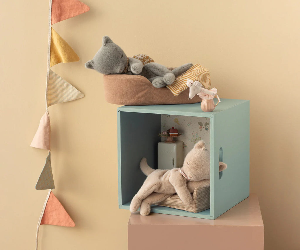 Maileg sleeping kitten plush, small, grey soft toy for children