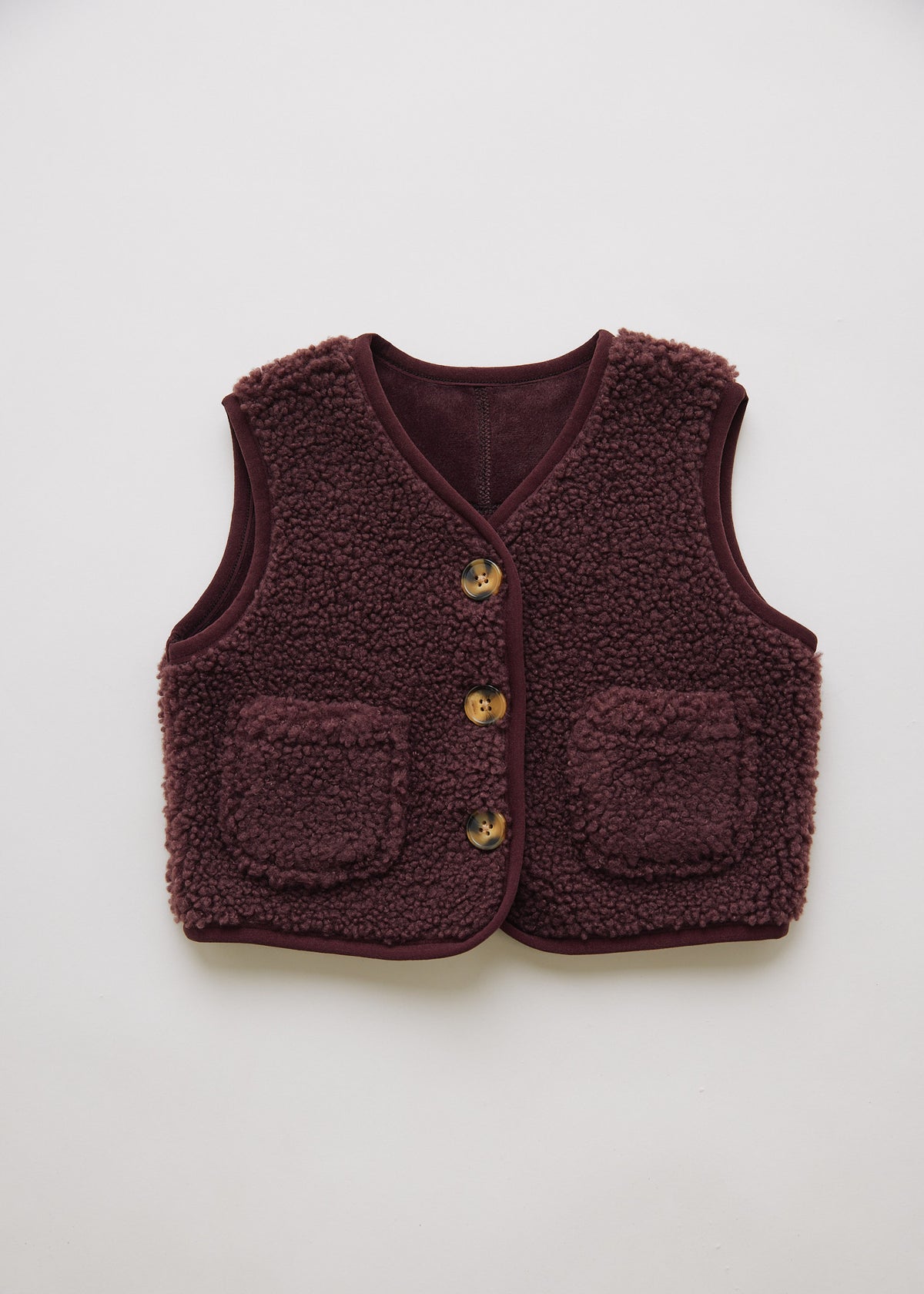 Kids' Amos plum borg gilet, sleeveless fleece jacket, Claude & Co