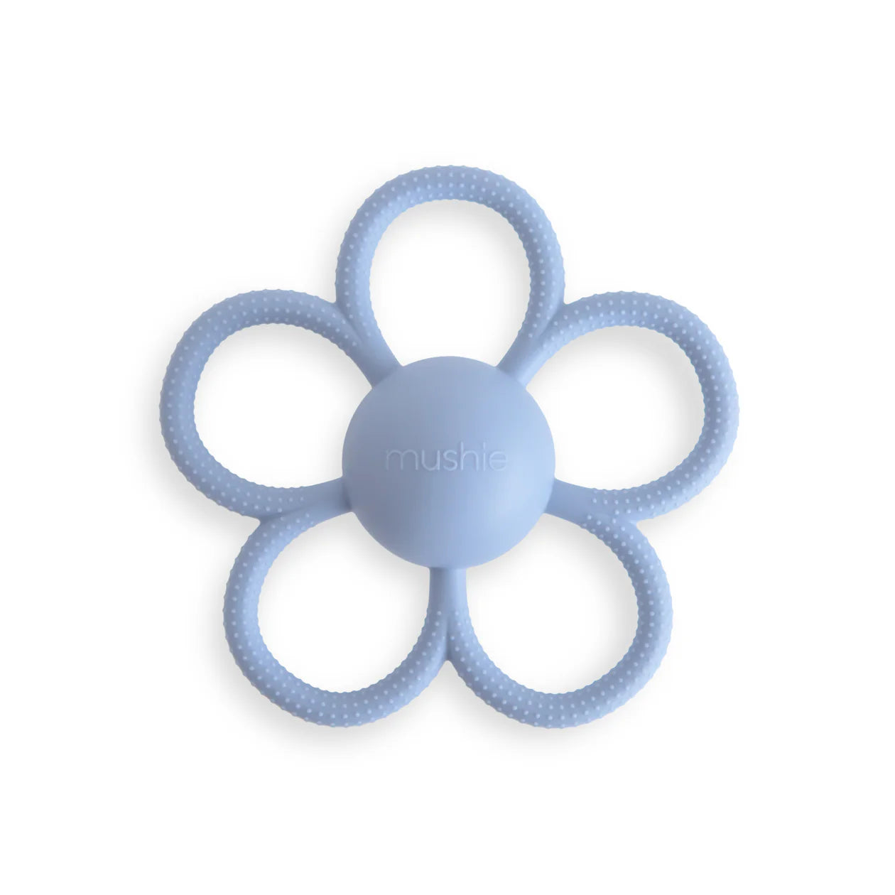 Mushie daisy rattle teether in faded denim, silicone baby toy, Cucurucu