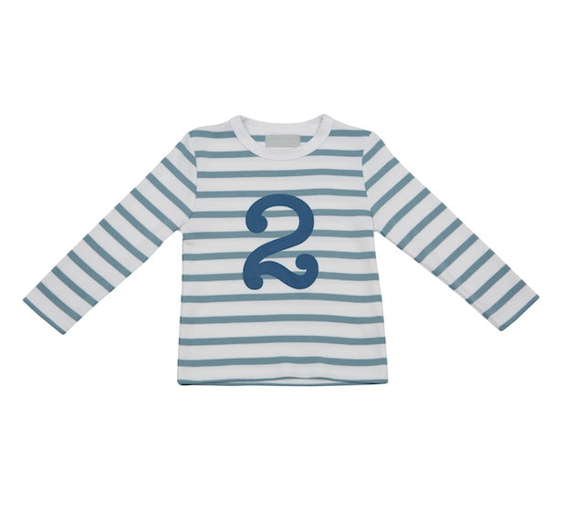 Bob & Blossom ocean blue and white Breton stripe number 2 T-shirt for kids