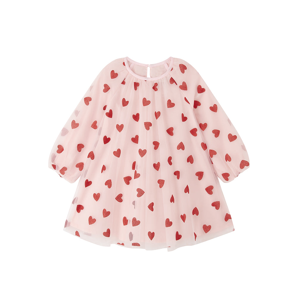 Bob & Blossom pale pink balloon sleeve dress with red glitter hearts