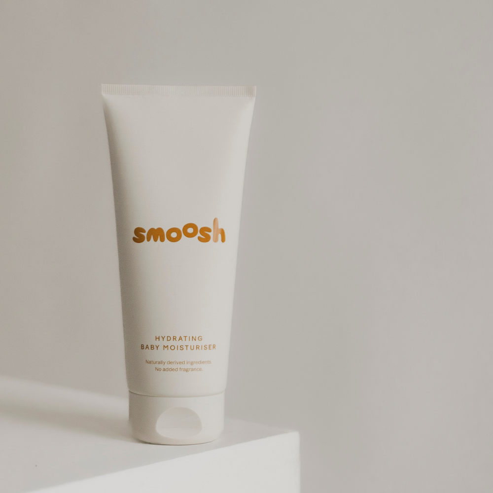 Smoosh hydrating baby moisturiser bottle on a white background