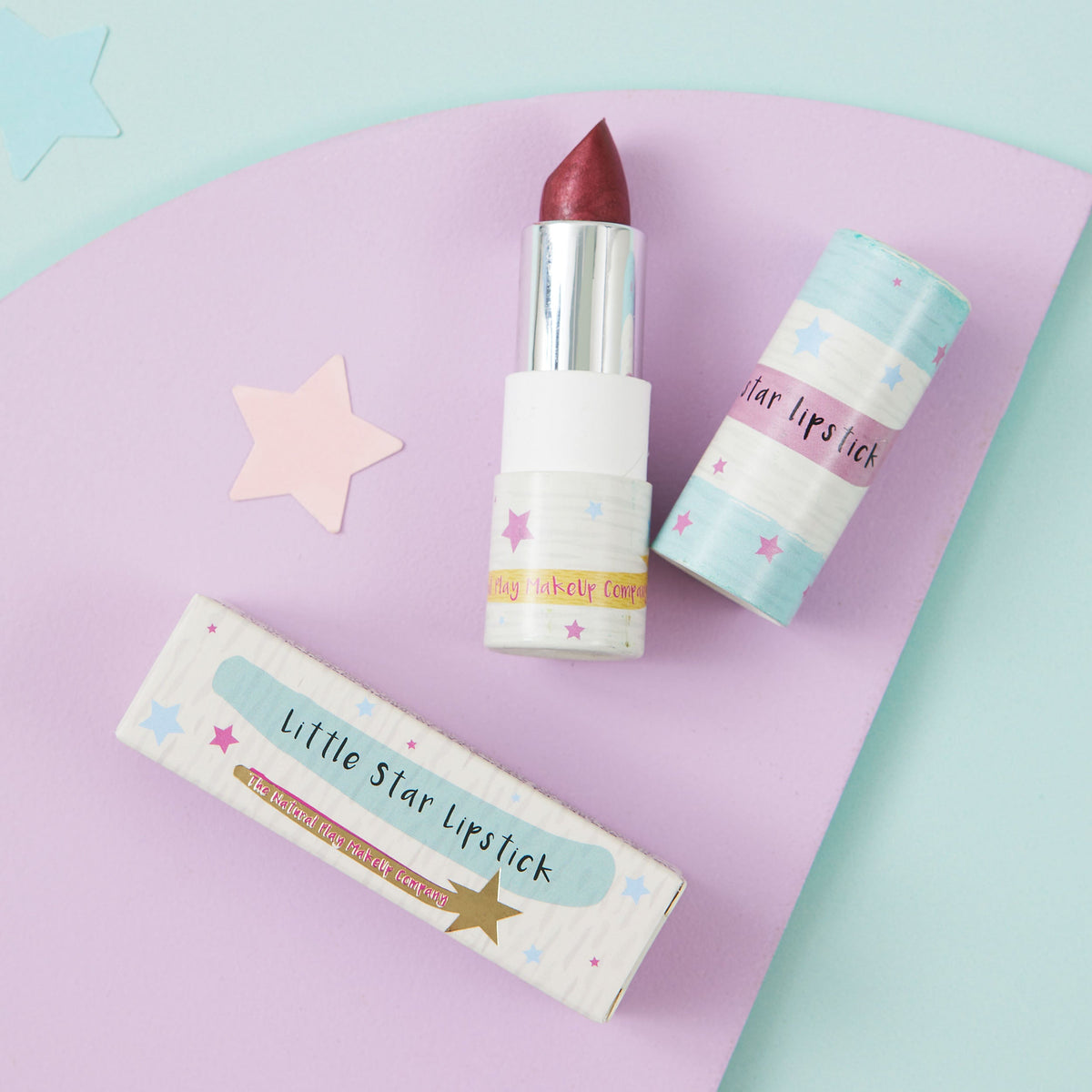 Little Star natural red lipstick for children in a recycled craft paper case