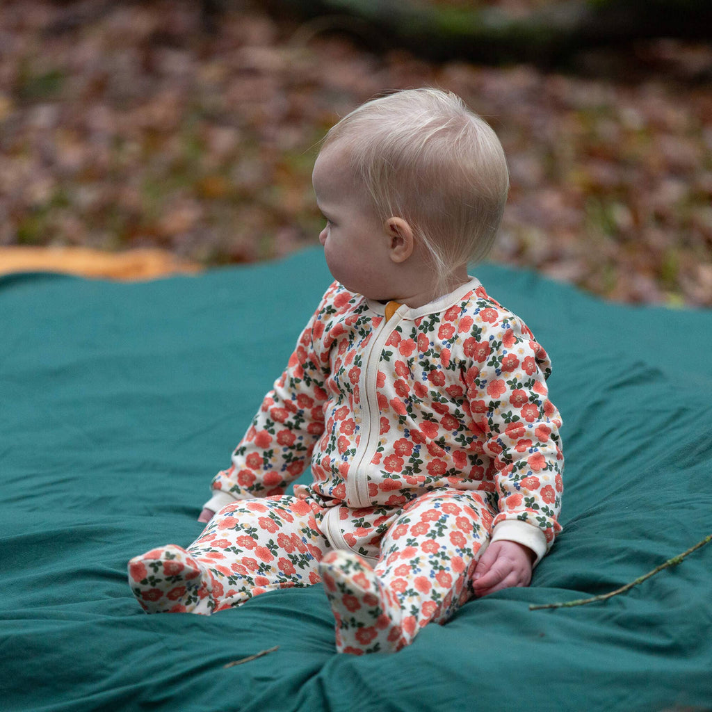 Little Green Radicals Petals zip organic babygrow, baby sleepsuit