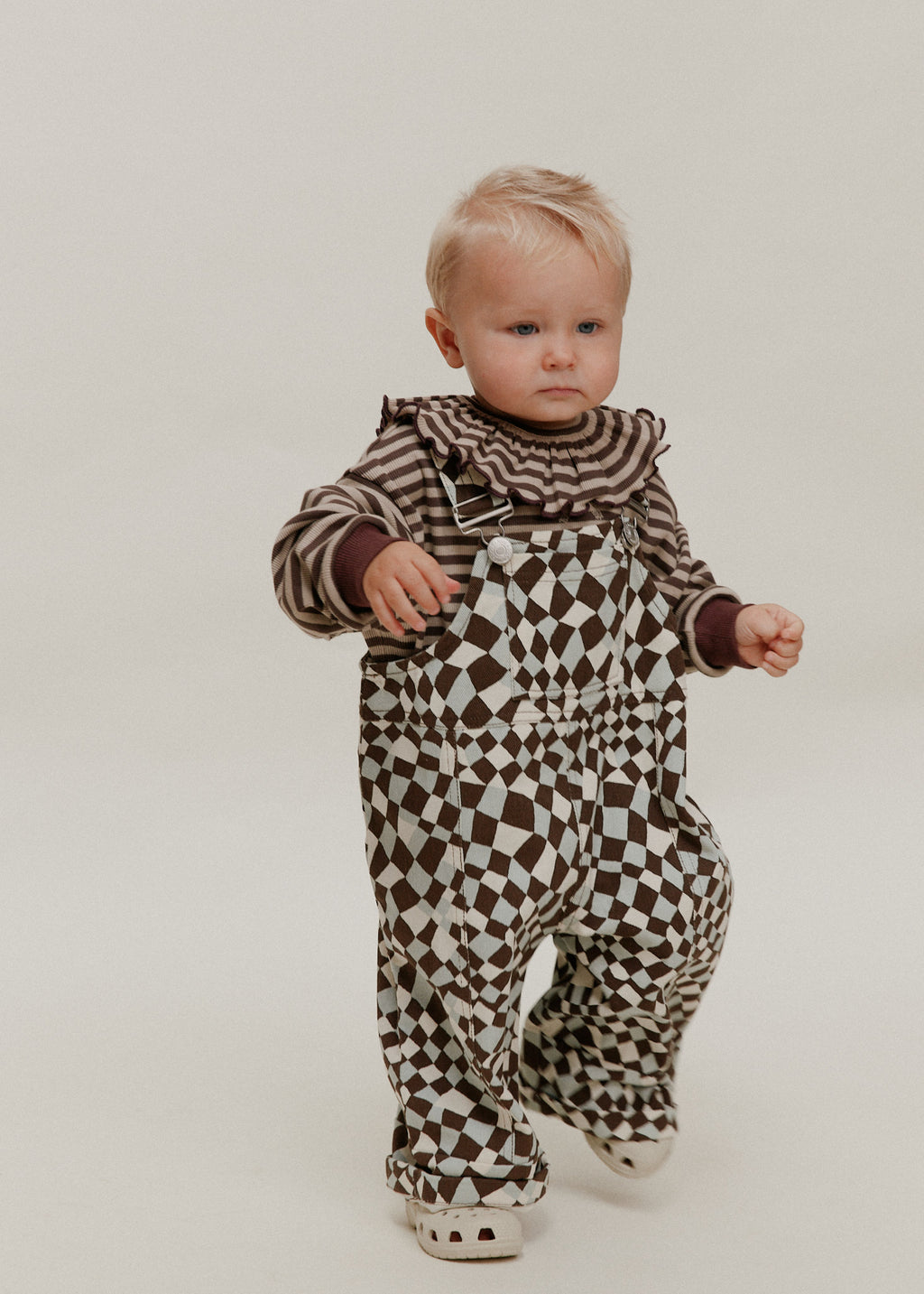 Claude & Co Blythe warped checkerboard dungaree for kids, organic cotton
