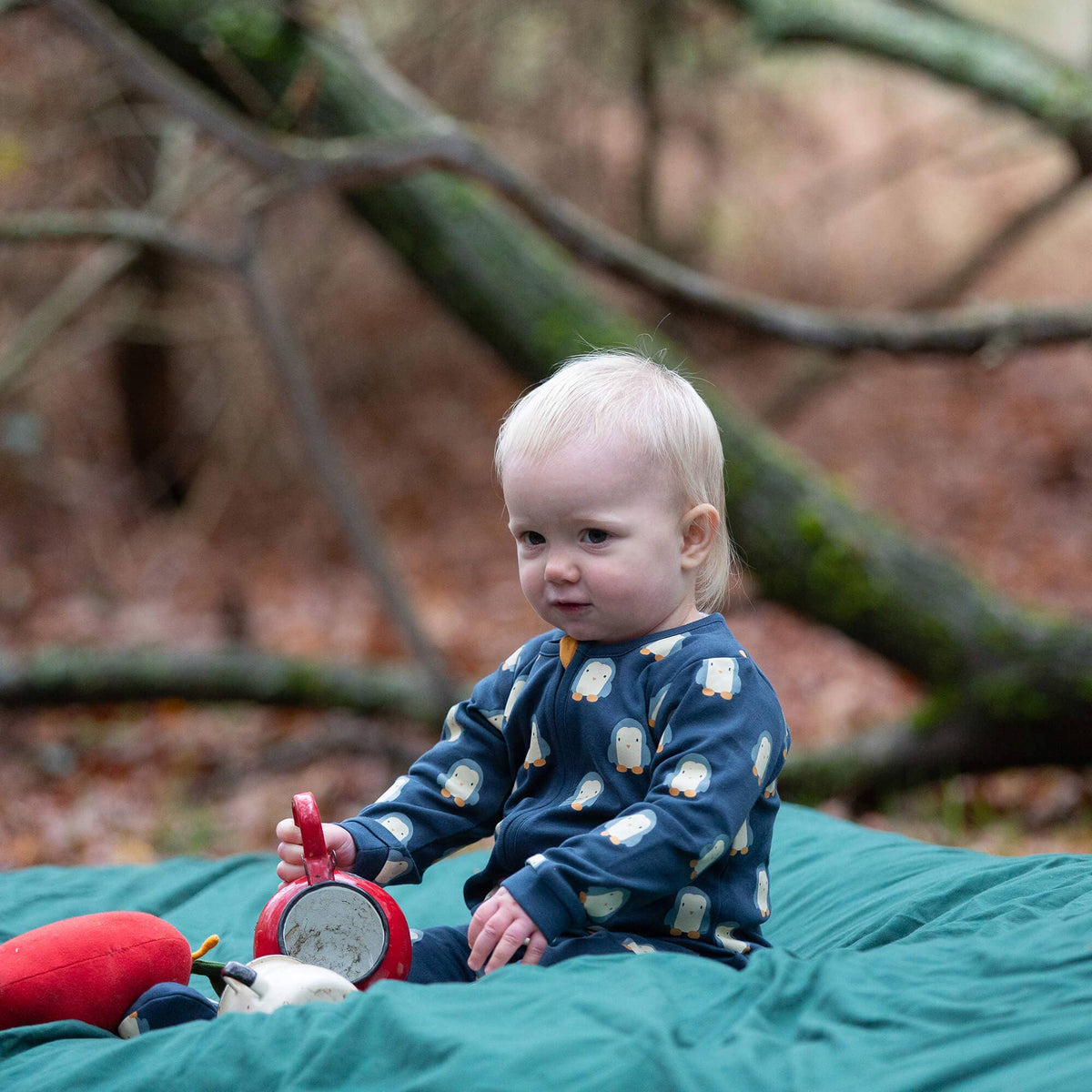Little Green Radicals blue penguins zip organic babygrow, baby sleepsuit