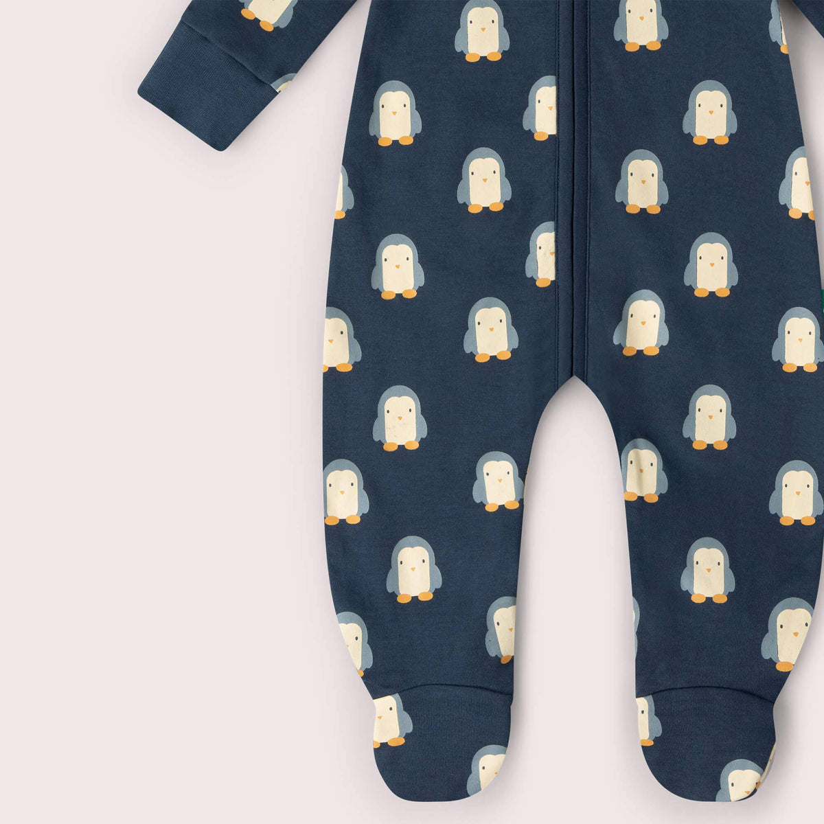 Little Green Radicals blue penguins zip organic babygrow, baby sleepsuit