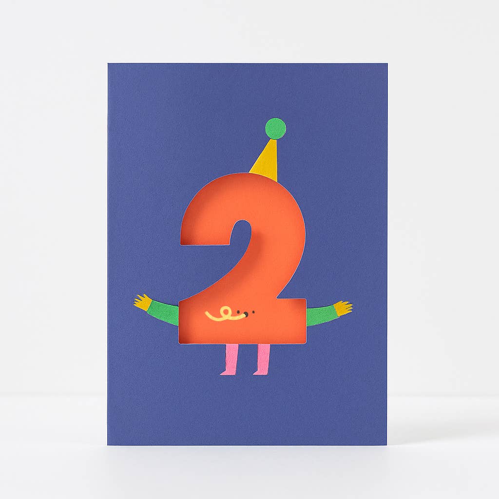 Age 2 cute character die cut birthday card for kids, Rumble Cards
