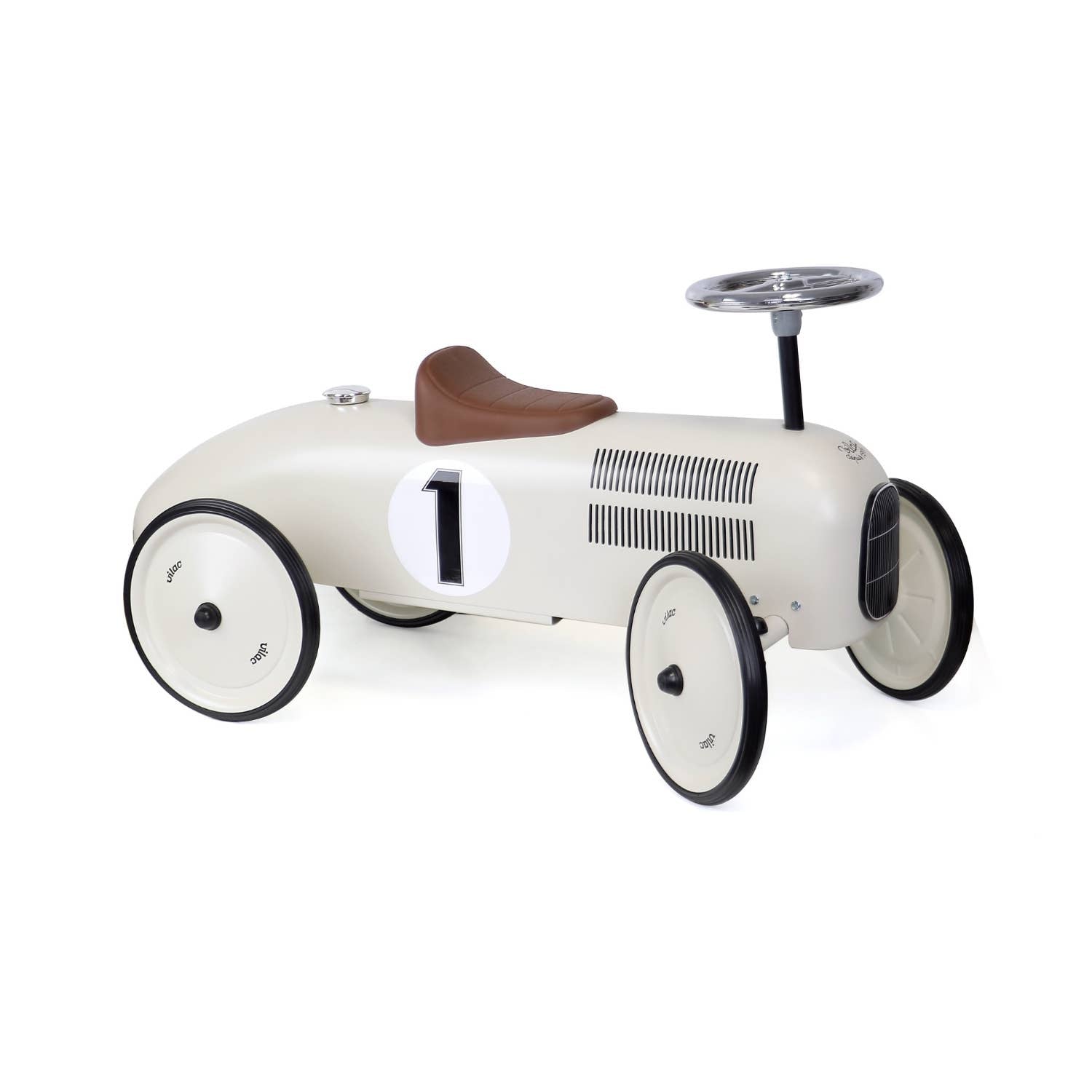 Vilac off white metal ride-on car, vintage-style kids' ride-on toy, Hippychick