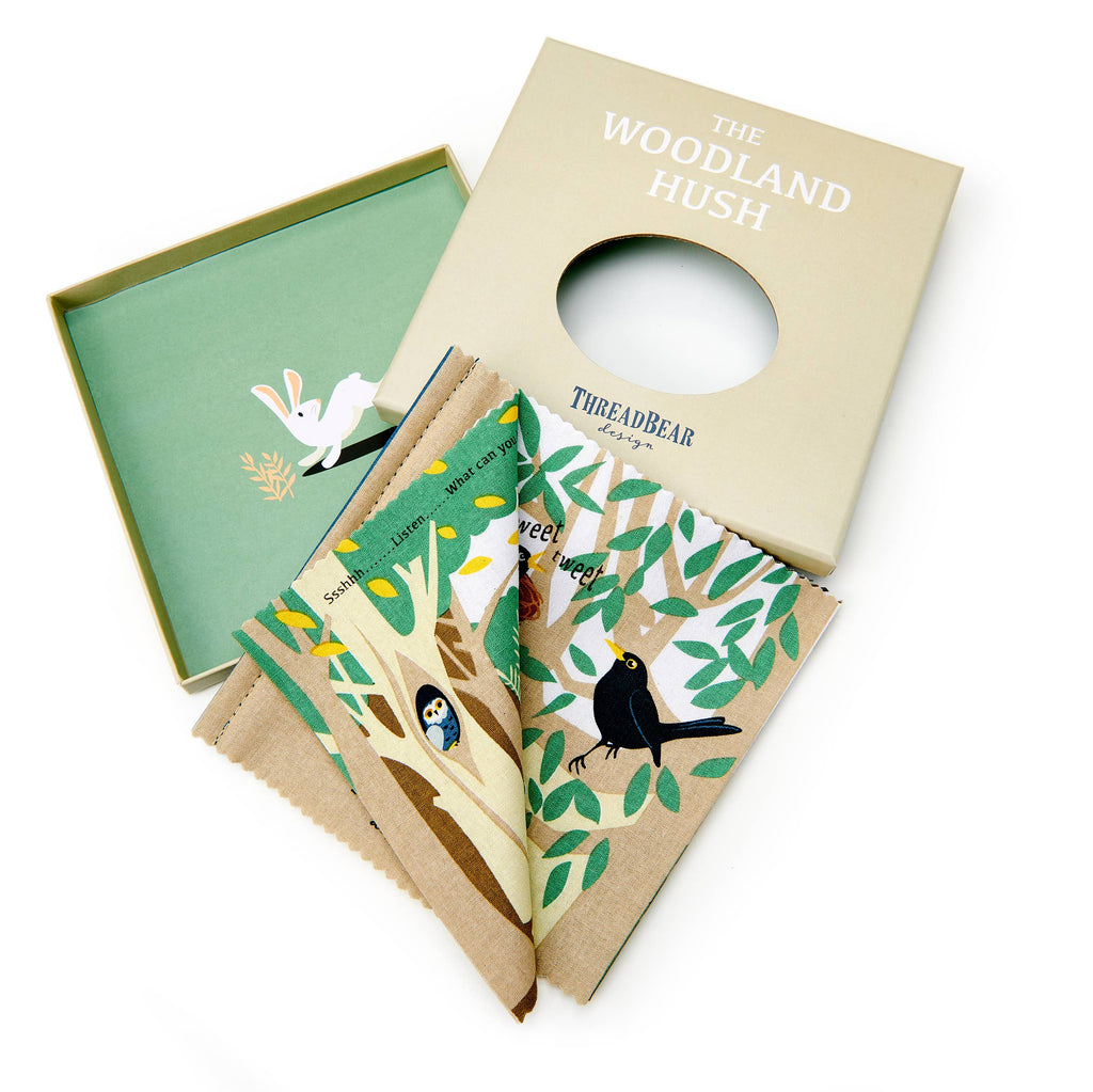 ThreadBear Woodland Hush rag book, soft cloth book for babies