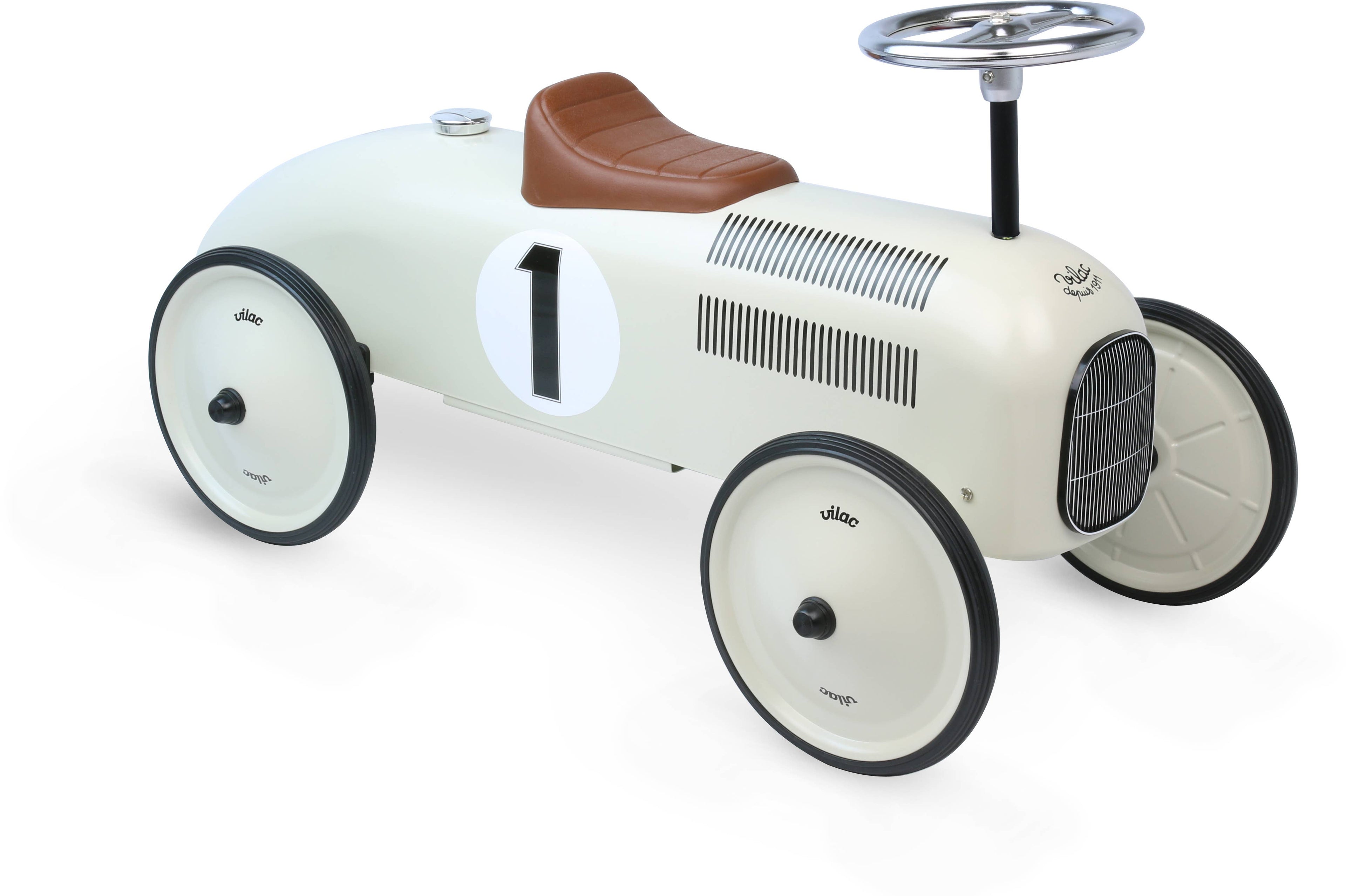 Vilac off white metal ride-on car, vintage-style kids' ride-on toy, Hippychick