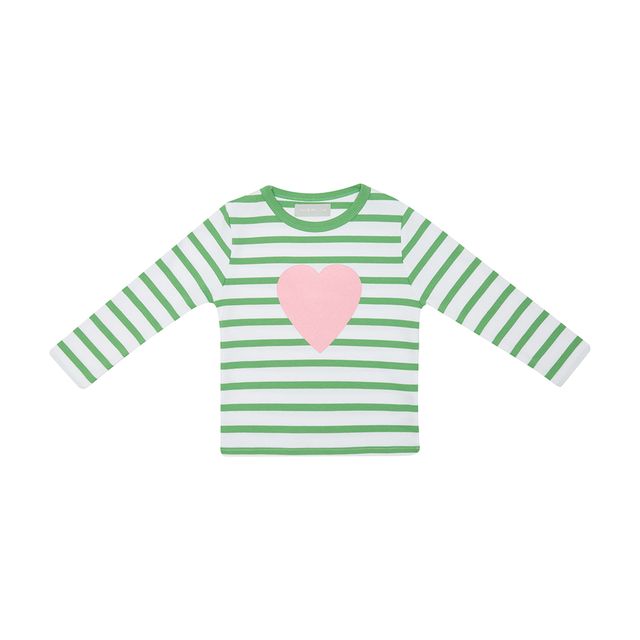 Grass Green & White Breton Striped Love Heart T Shirt